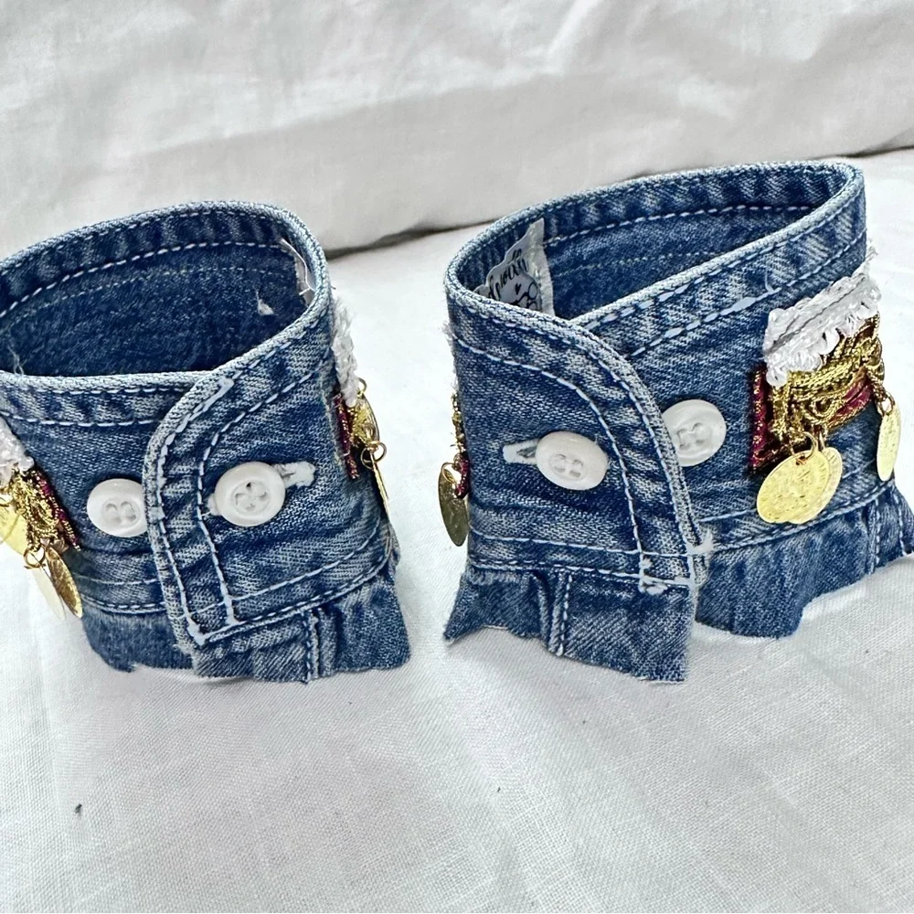RUBYRUDI Artisan Denim Cuff Bracelet Set Shabby Chic Tattered Raw Edge Signed